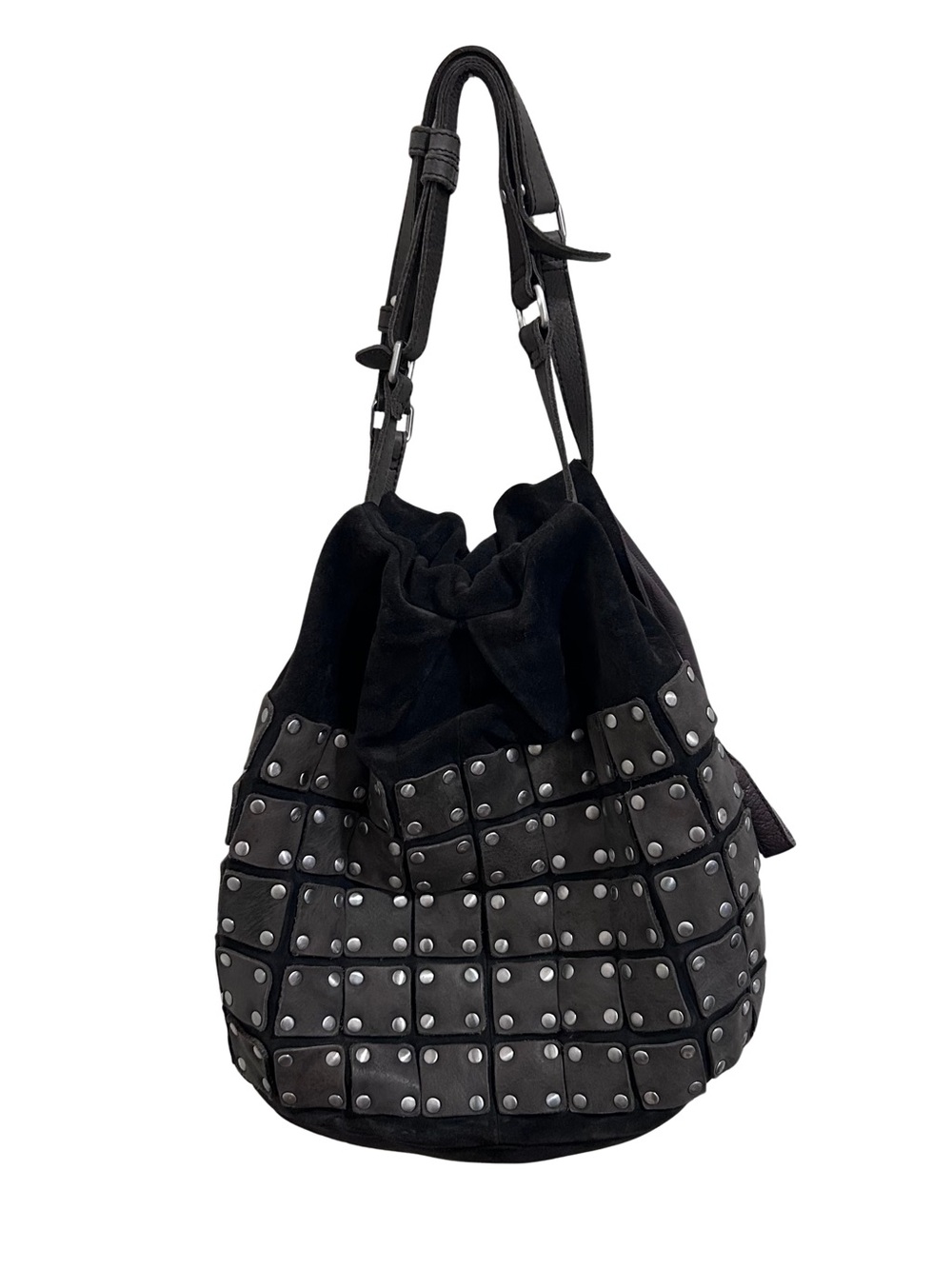 Liebeskind Gray Gunmetal Studded Suede Leather Bag Purse Hobo Bucket